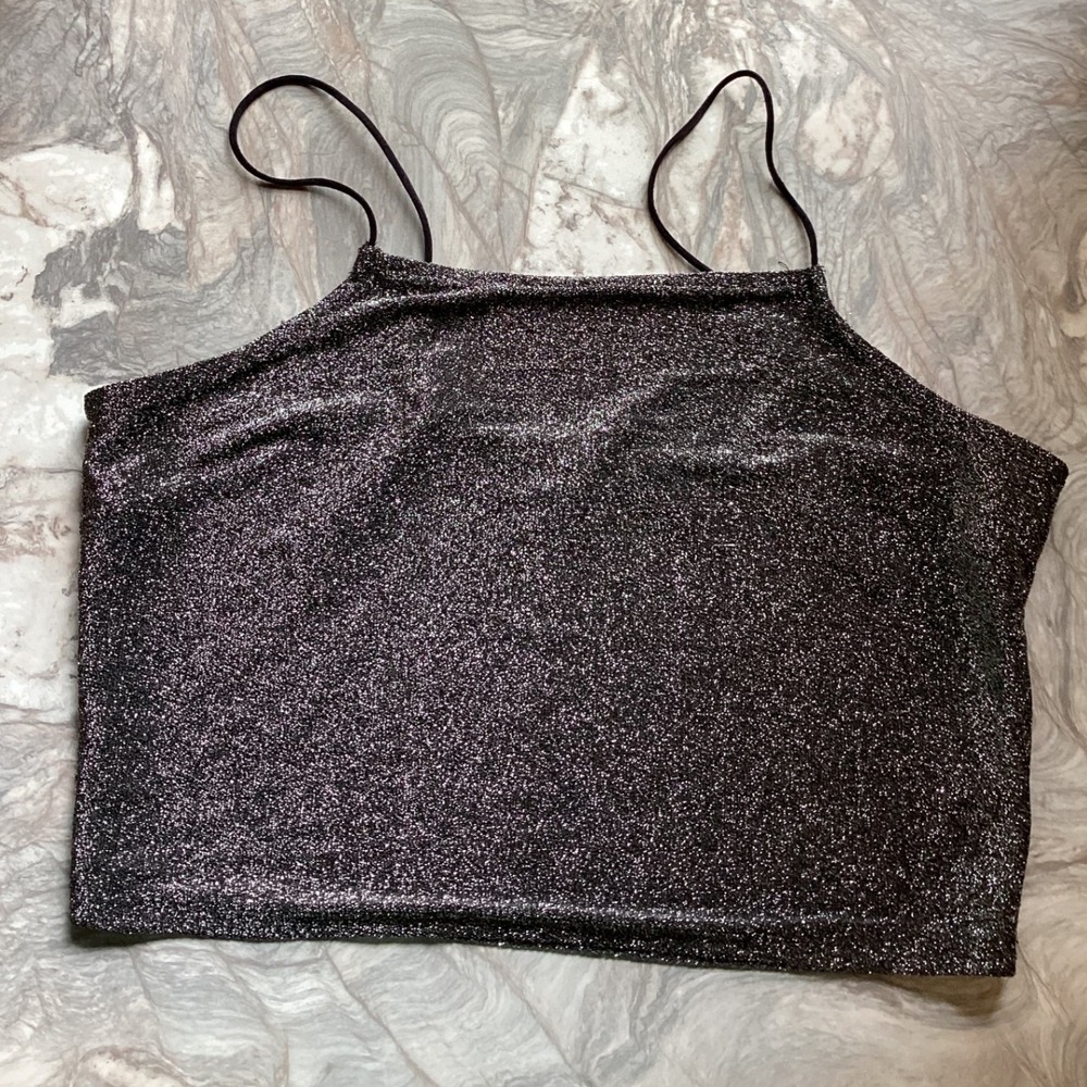 Wallflower Women XL Metallic Glitter Cami Crop Top Silver Black Y2K Party Top